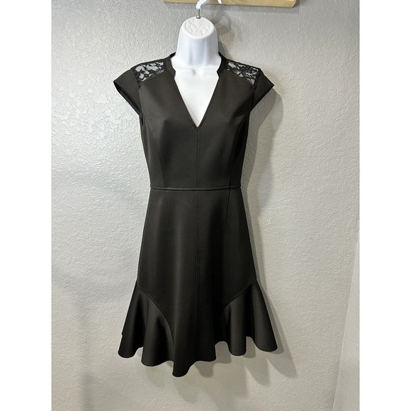 Rebecca Taylor Lace Insert Fit & Flare Structured Cap Sleeve Black Dress 0 - Picture 2 of 7